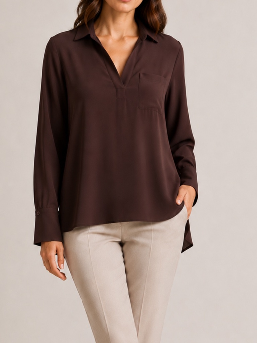 Pleione Brown Pleated Back High Low Tunic Blouse Long Sleeve XS (Oversized Fit)